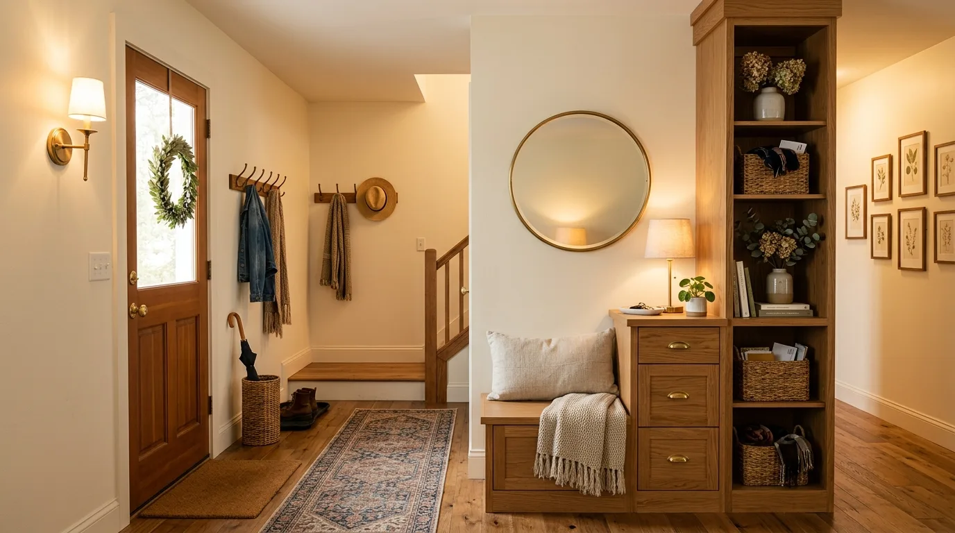 Use a bench only if it truly earns the footprint inspiration for a small entryway.